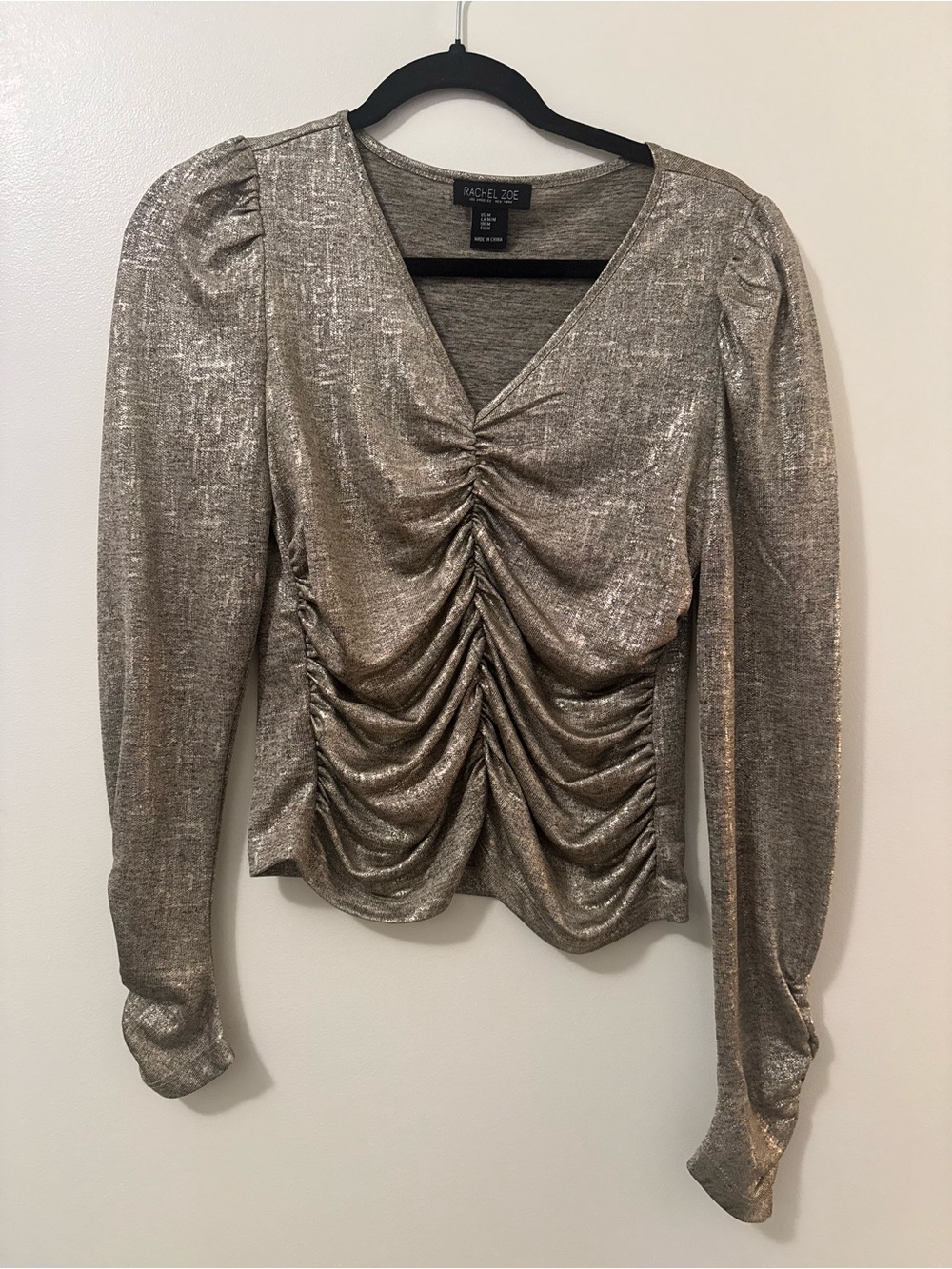 Rachel Zoe Metallic Ruched V-Neck Long Sleeve Blouse - Gold